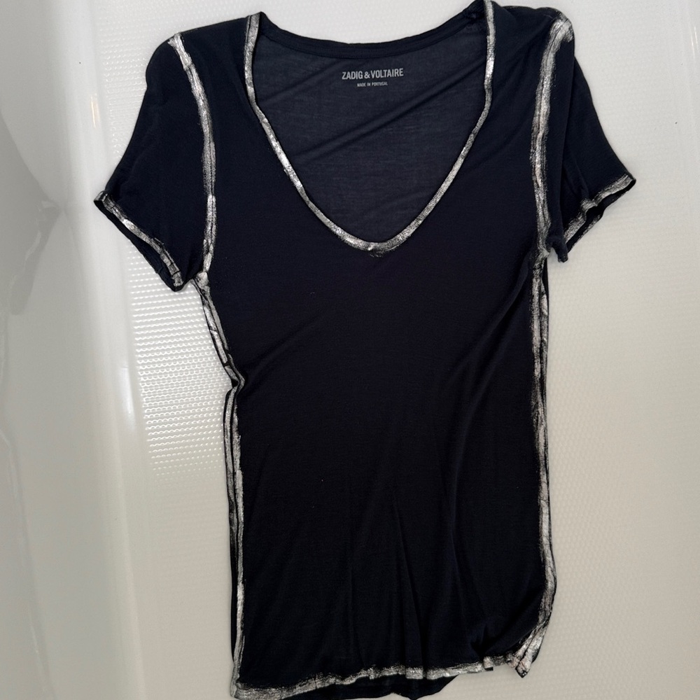 Zadig & Voltaire Navy Tee with Silver Foiled Accents